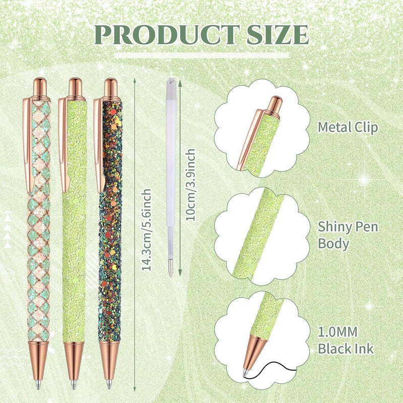 Sherr 7 Pcs Fancy Pens for Women Cute Sparkly Glitter Pens with 10 Pcs Black Ink Refills Pretty Gifts for Girls Office School Christmas Graduation(Green,Fresh) - Image 2